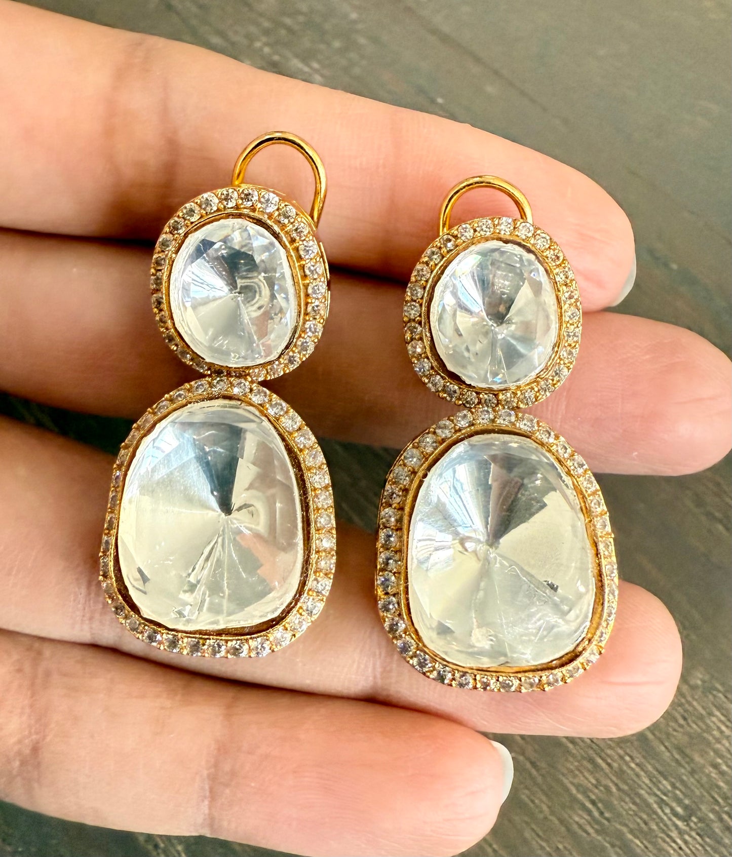 Gold Finish Double Layered Polki Earrings