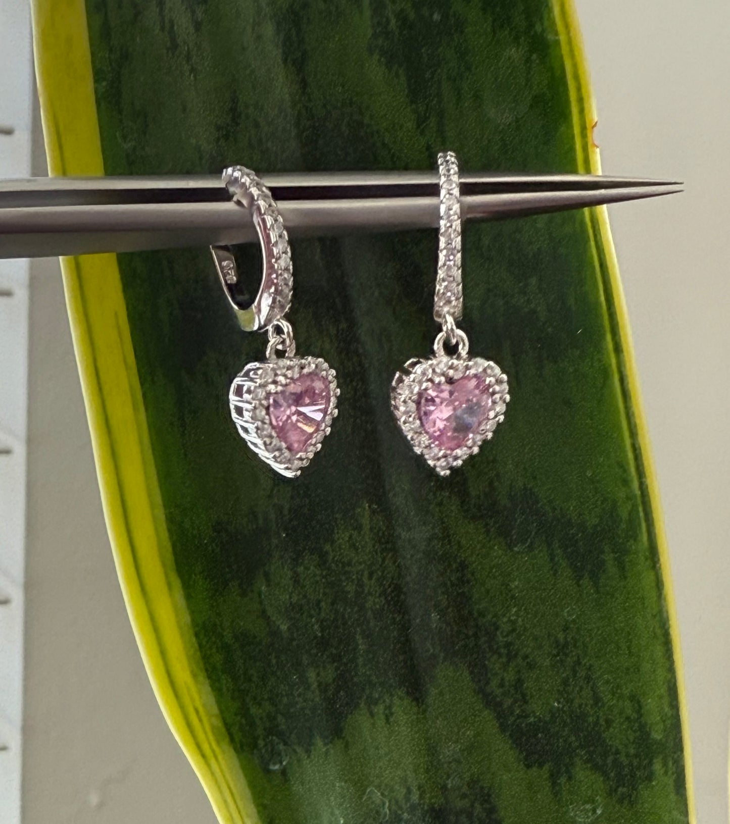 Pink Heart Solitaire Diamond Studded Hanging Earrings on Pure 925 Silver