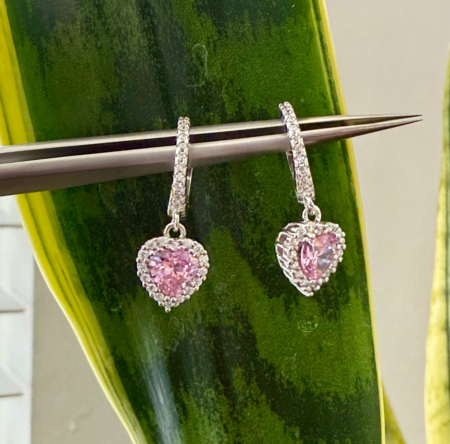 Pink Heart Solitaire Diamond Studded Hanging Earrings on Pure 925 Silver