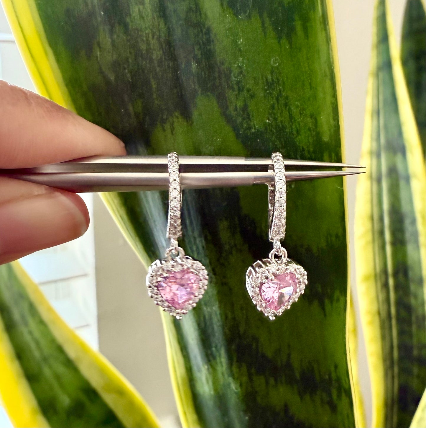 Pink Heart Solitaire Diamond Studded Hanging Earrings on Pure 925 Silver