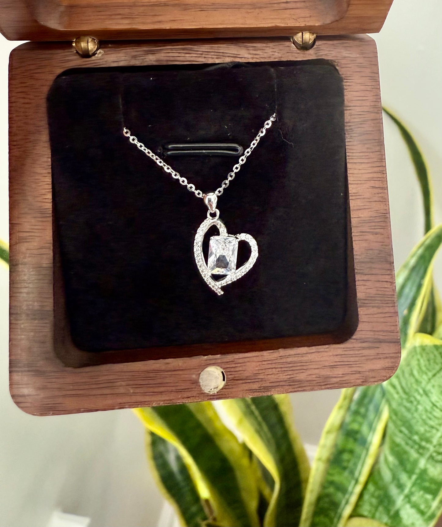Pure 925 Silver Heart Pendant with Emerald Cut Solitaire