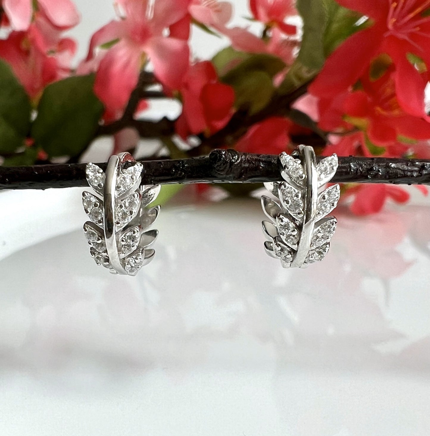 Leafy sterling silver hoops