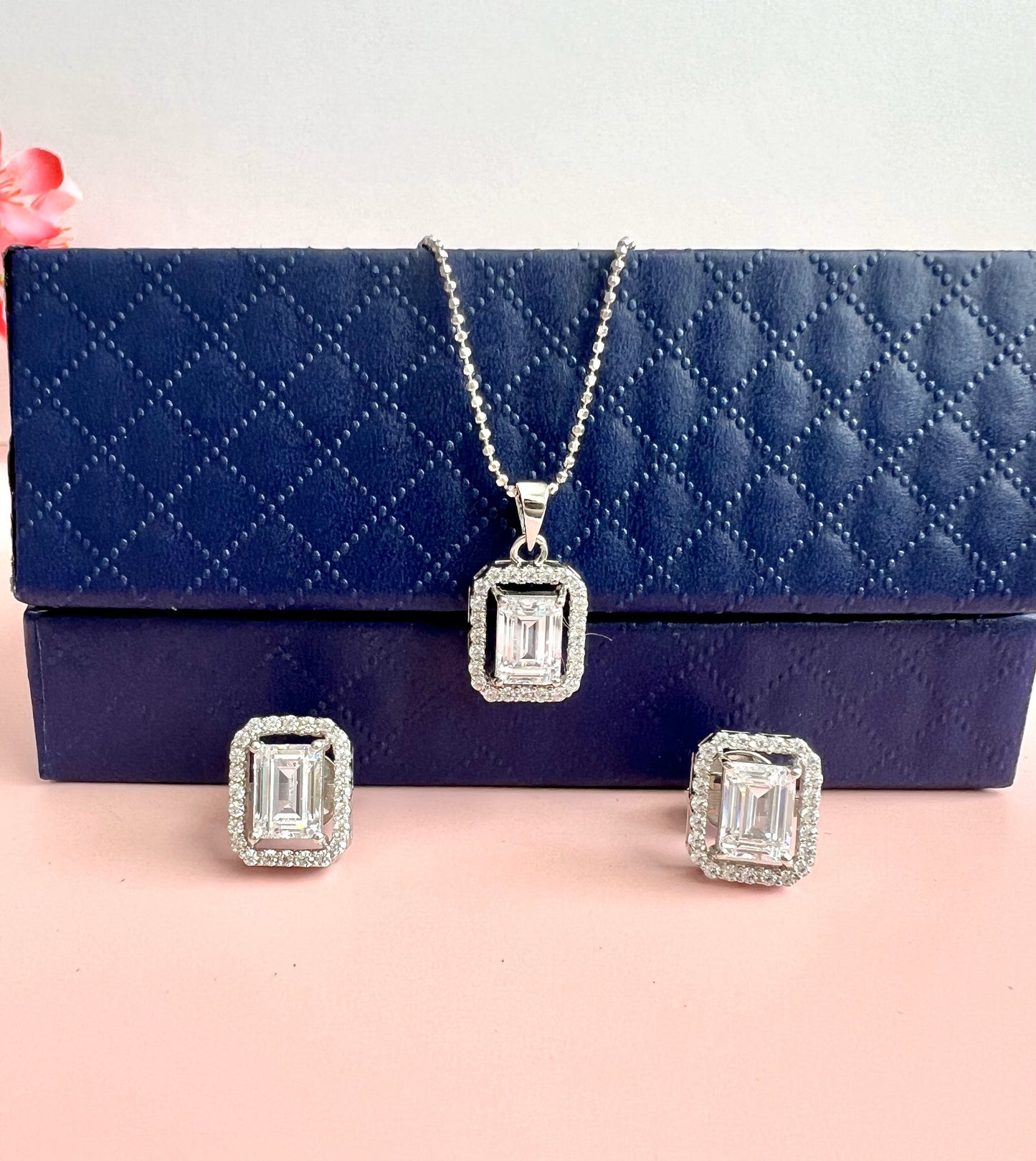 Premium Emerald Cut Solitaire Pendant Set with Premium Screw Back Studs