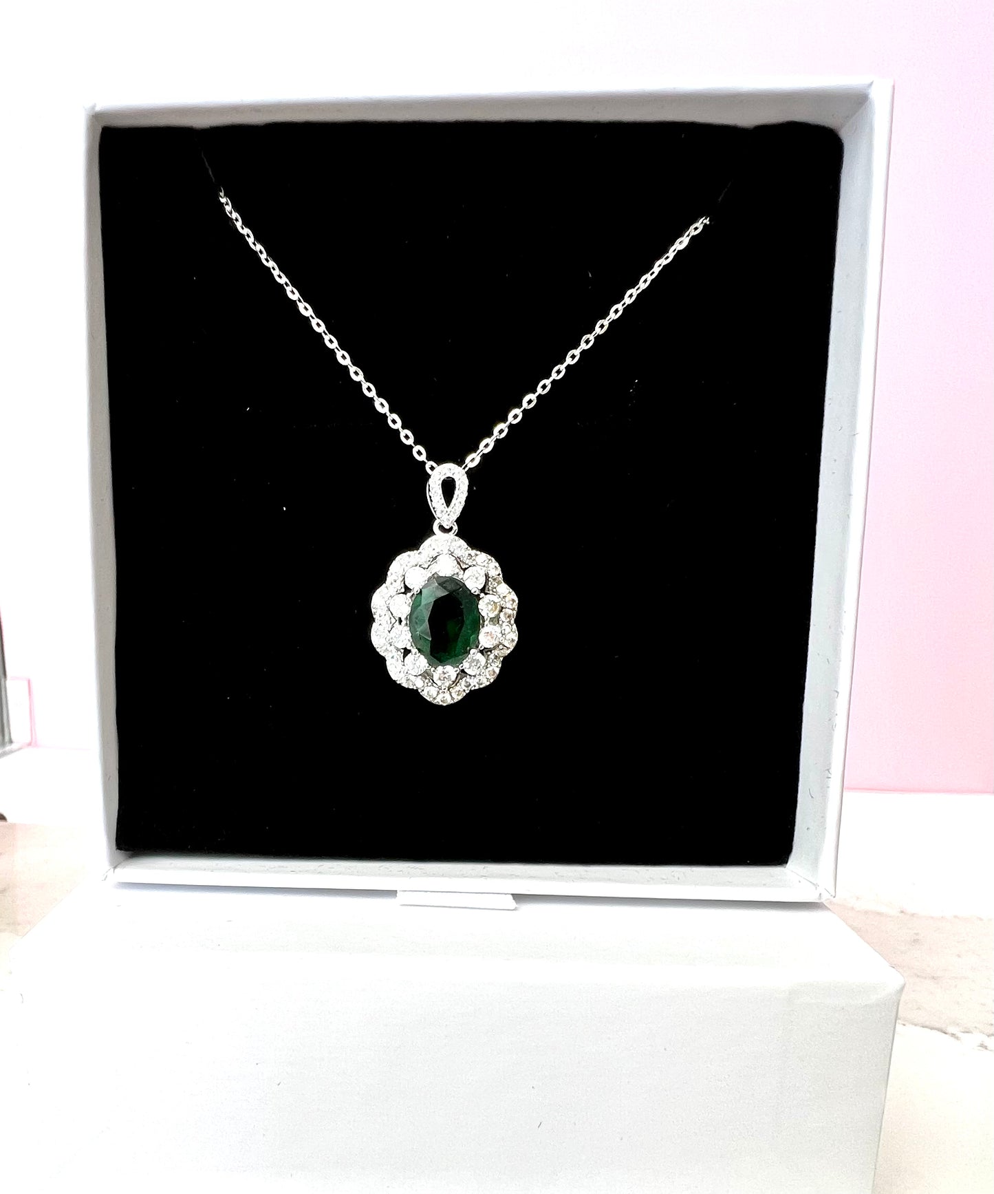 Premium Emerald and Diamond Cluster Pendant with Chain on Pure 925 Silver