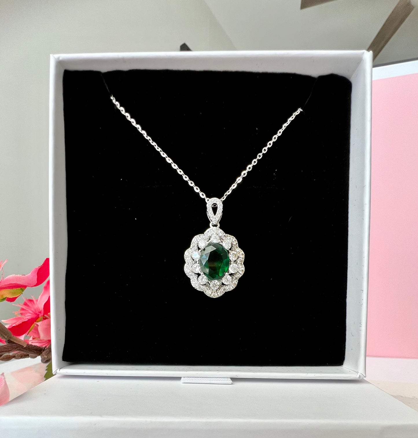 Premium Emerald and Diamond Cluster Pendant with Chain on Pure 925 Silver