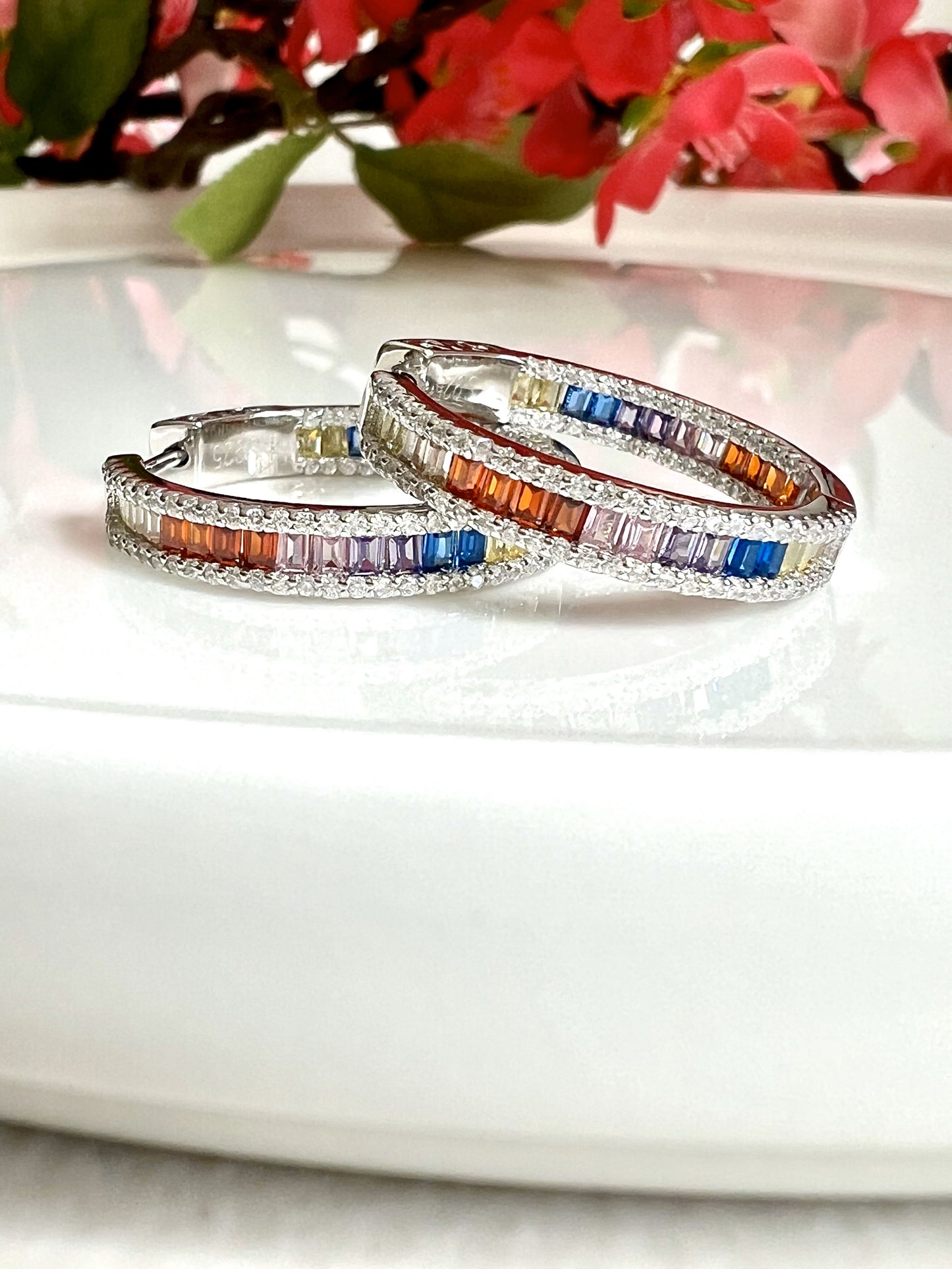 Multi Colored Baguette Diamond Classic Round Hoops on Pure 925 Silver