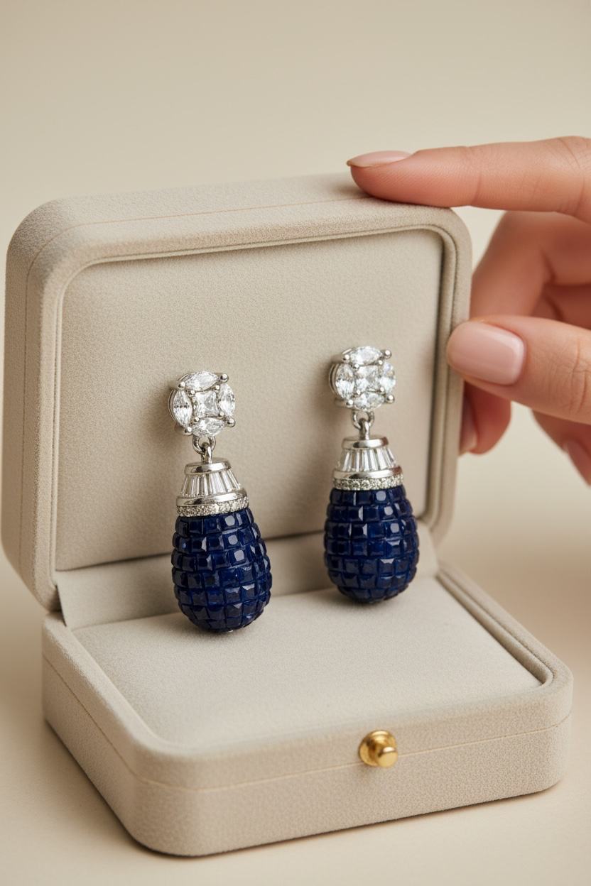 Blue Sapphire FREYA Drop Earrings on pure 925 Silver