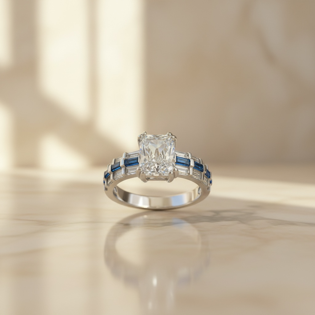 Blue Sapphire Emerald Cut Solitaire Ring with Diamond Baguettes