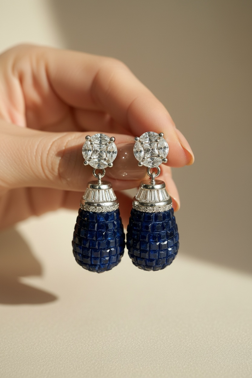 Blue Sapphire FREYA Drop Earrings on pure 925 Silver