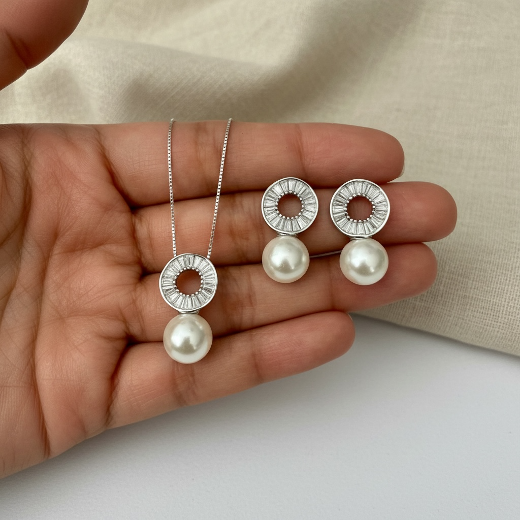 Luxury Brand Inspired ROMY Diamond & Pearl Pendant Set on pure 925 Silver