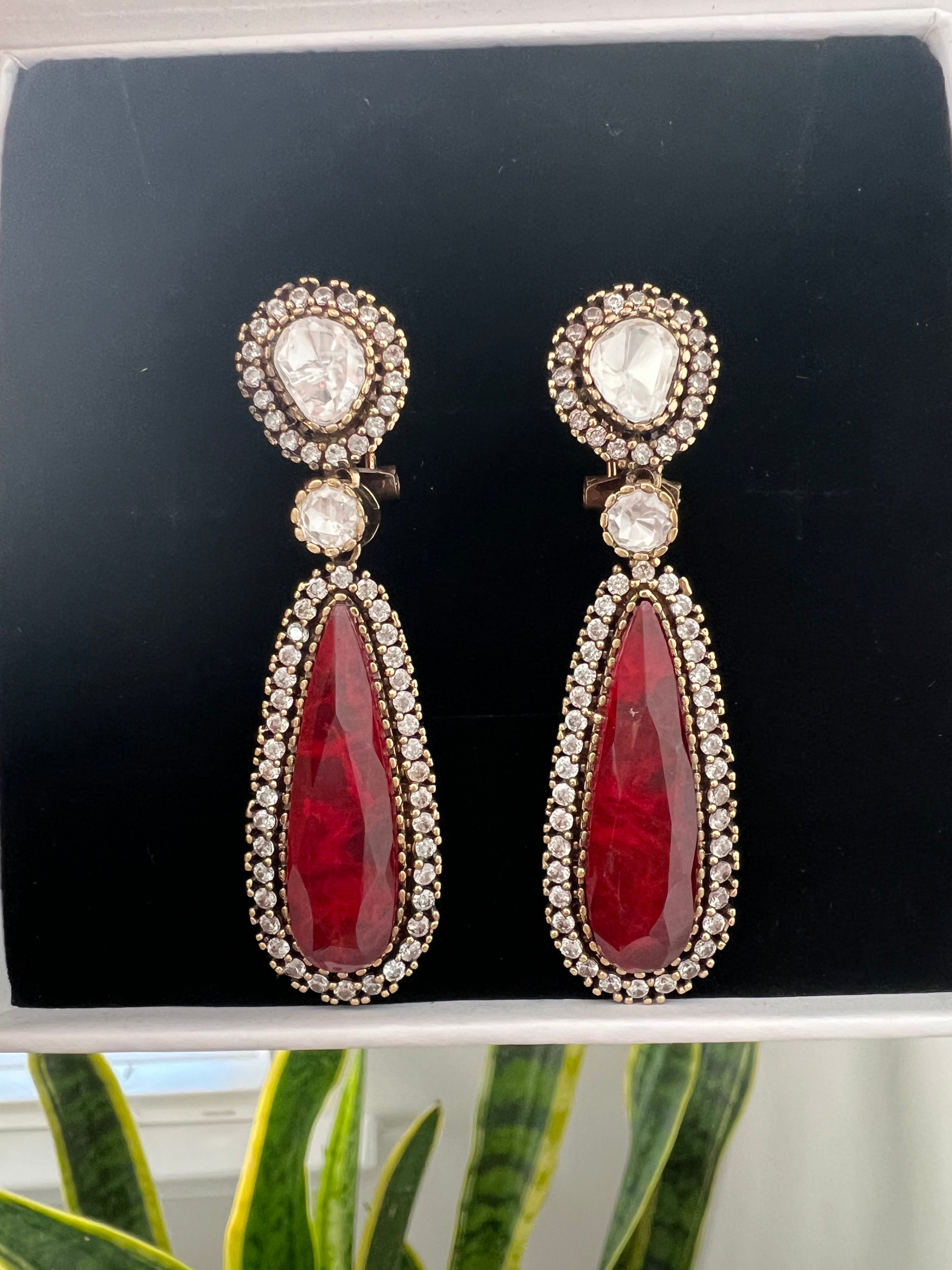 Red Polki Diamond Ethnic Earrings