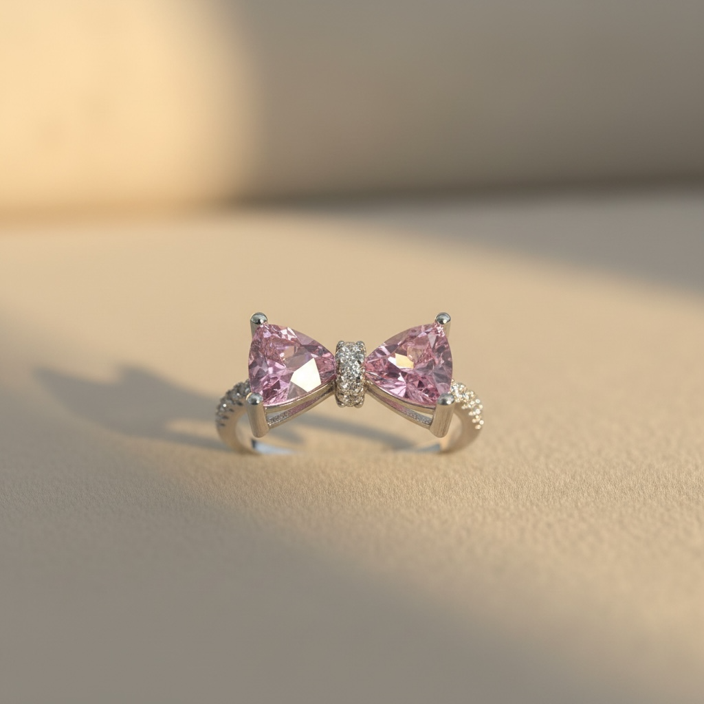 Pink Stone Bow Ring on 925 Silver