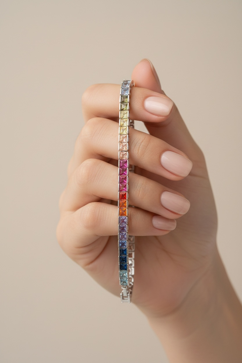 Celon Premium White Gold Finish Classic Multicolored Solitaire Tennis Bracelet on Pure 925 Silver