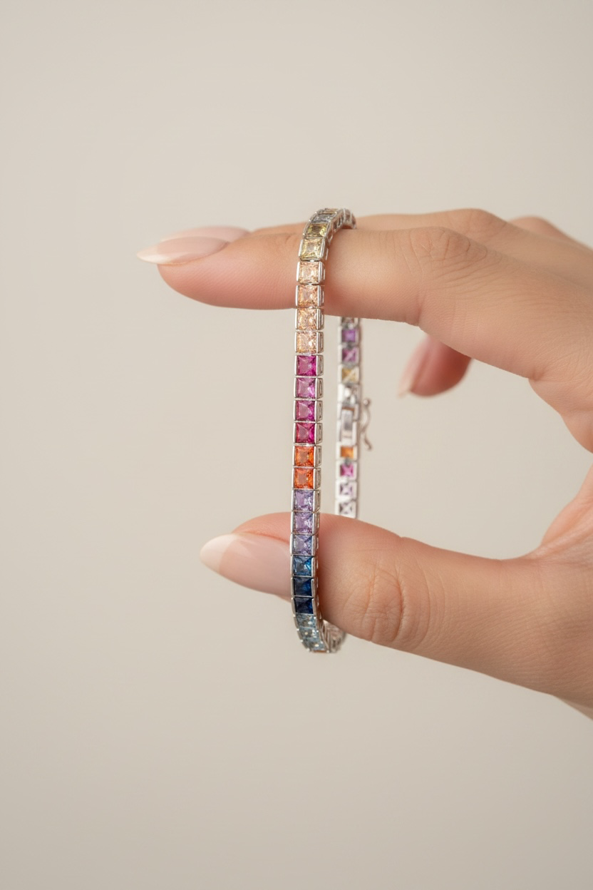 Celon Premium White Gold Finish Classic Multicolored Solitaire Tennis Bracelet on Pure 925 Silver