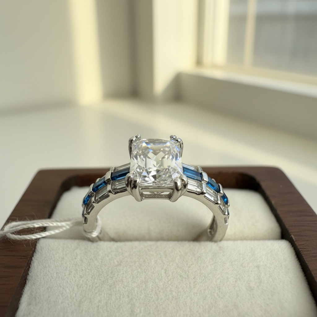 Blue Sapphire Emerald Cut Solitaire Ring with Diamond Baguettes