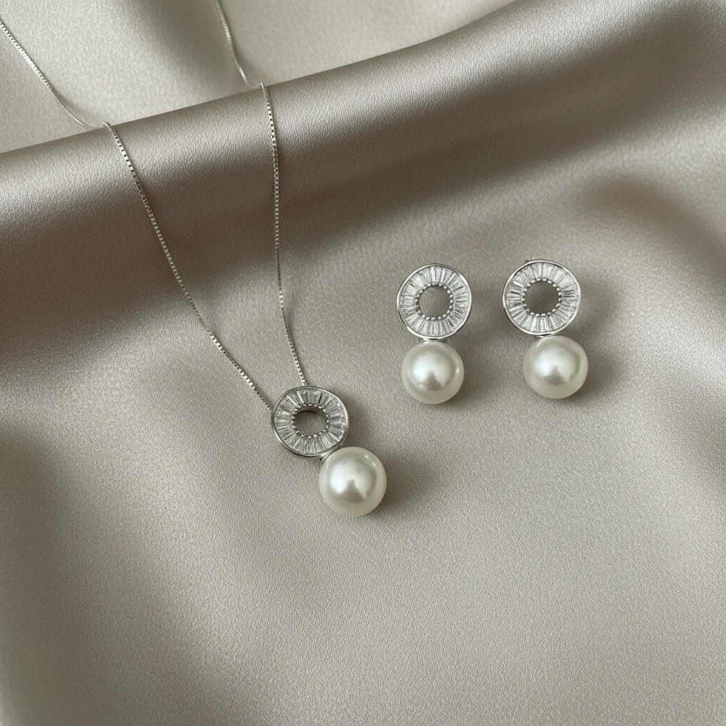 Luxury Brand Inspired ROMY Diamond & Pearl Pendant Set on pure 925 Silver