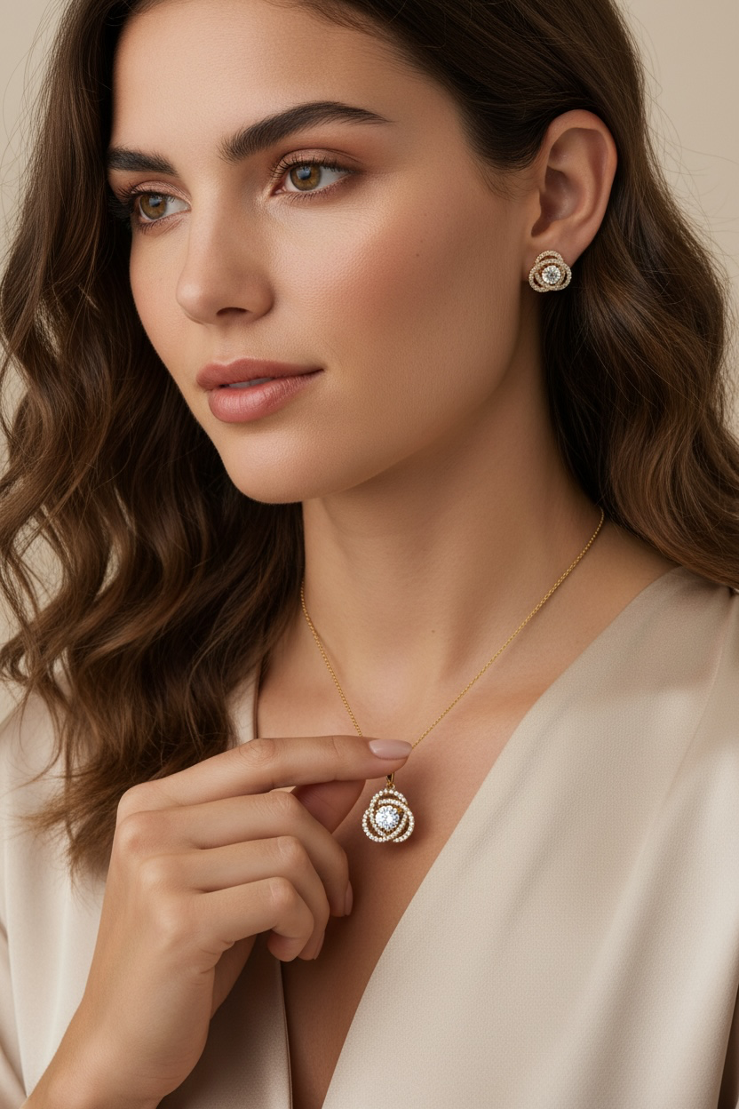 14K Gold Finish Intertwined Cluster Solitaire EIRA Pendant Set