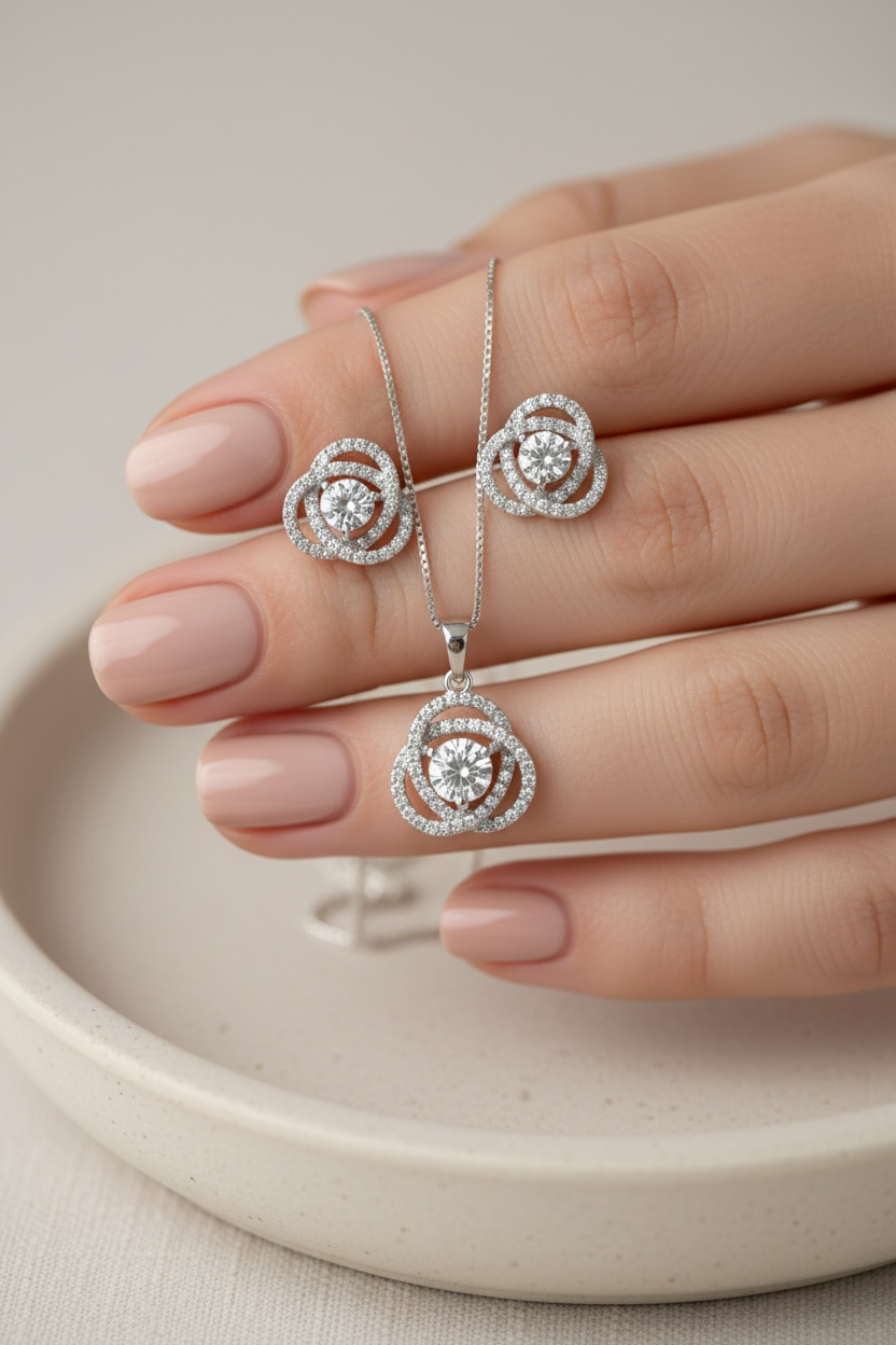 White Gold Finish Intertwined Cluster Solitaire EIRA Pendant Set on pure 925 Silver