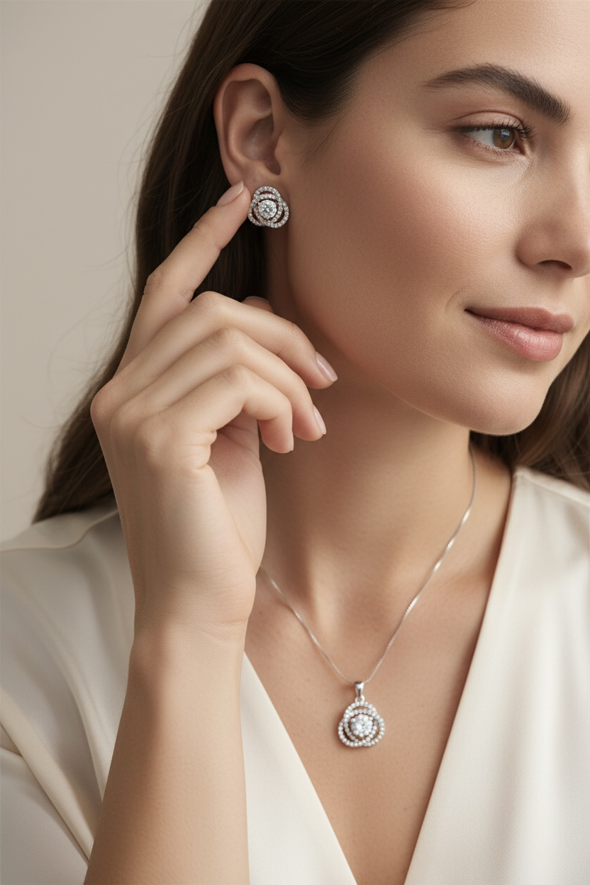 White Gold Finish Intertwined Cluster Solitaire EIRA Pendant Set on pure 925 Silver
