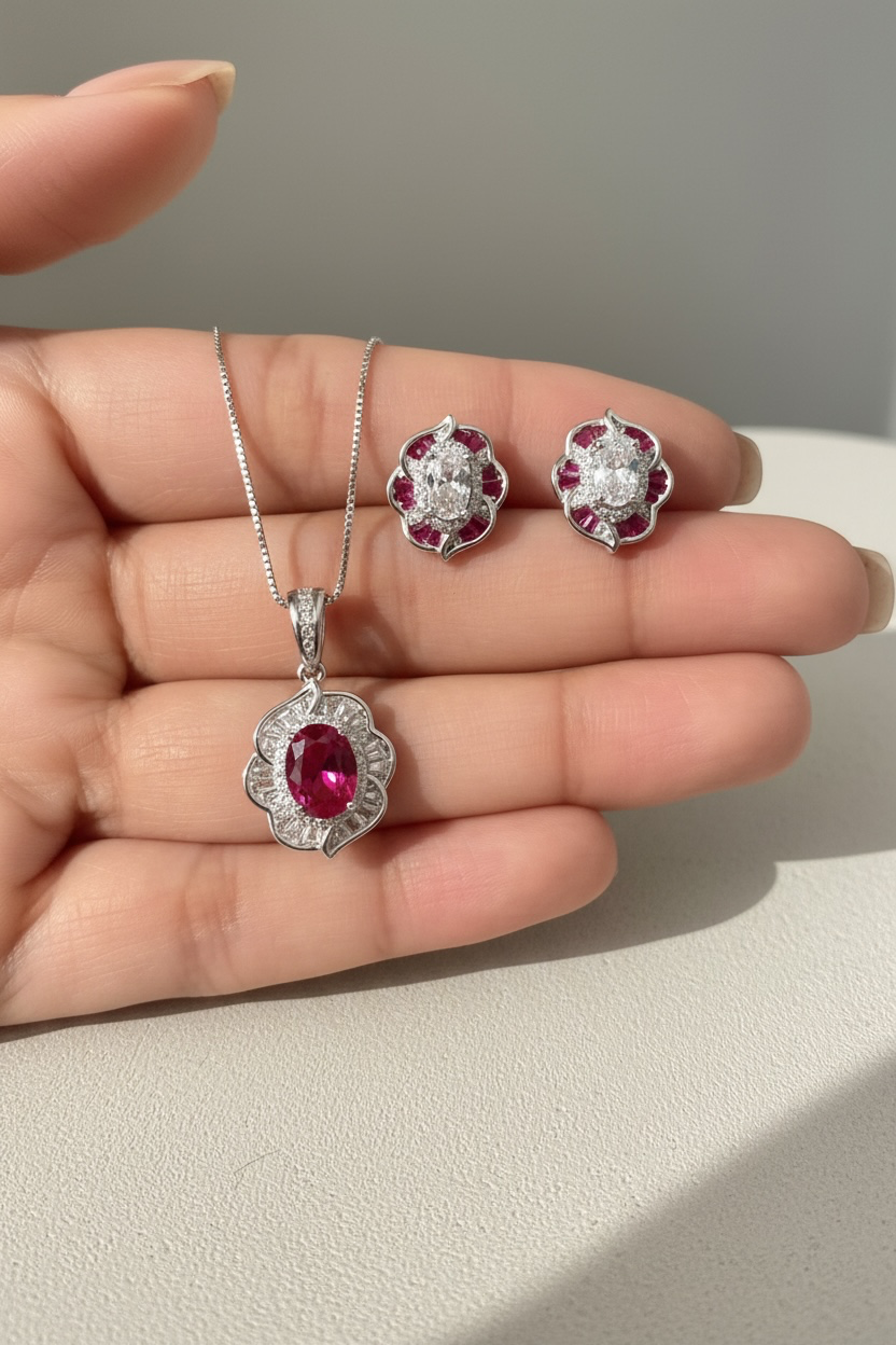 Pure 925 Silver ELIO Oval Diamond and Red Ruby Pendant Set