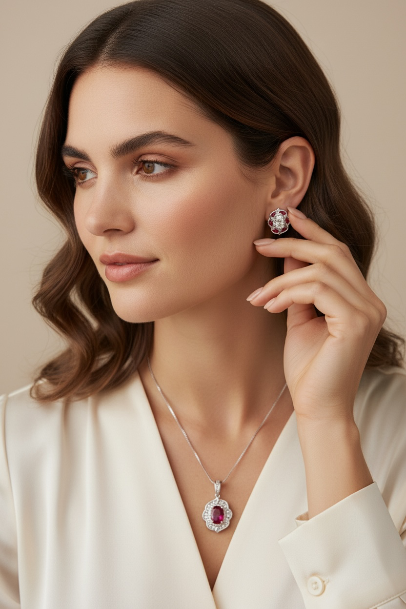 Pure 925 Silver ELIO Oval Diamond and Red Ruby Pendant Set