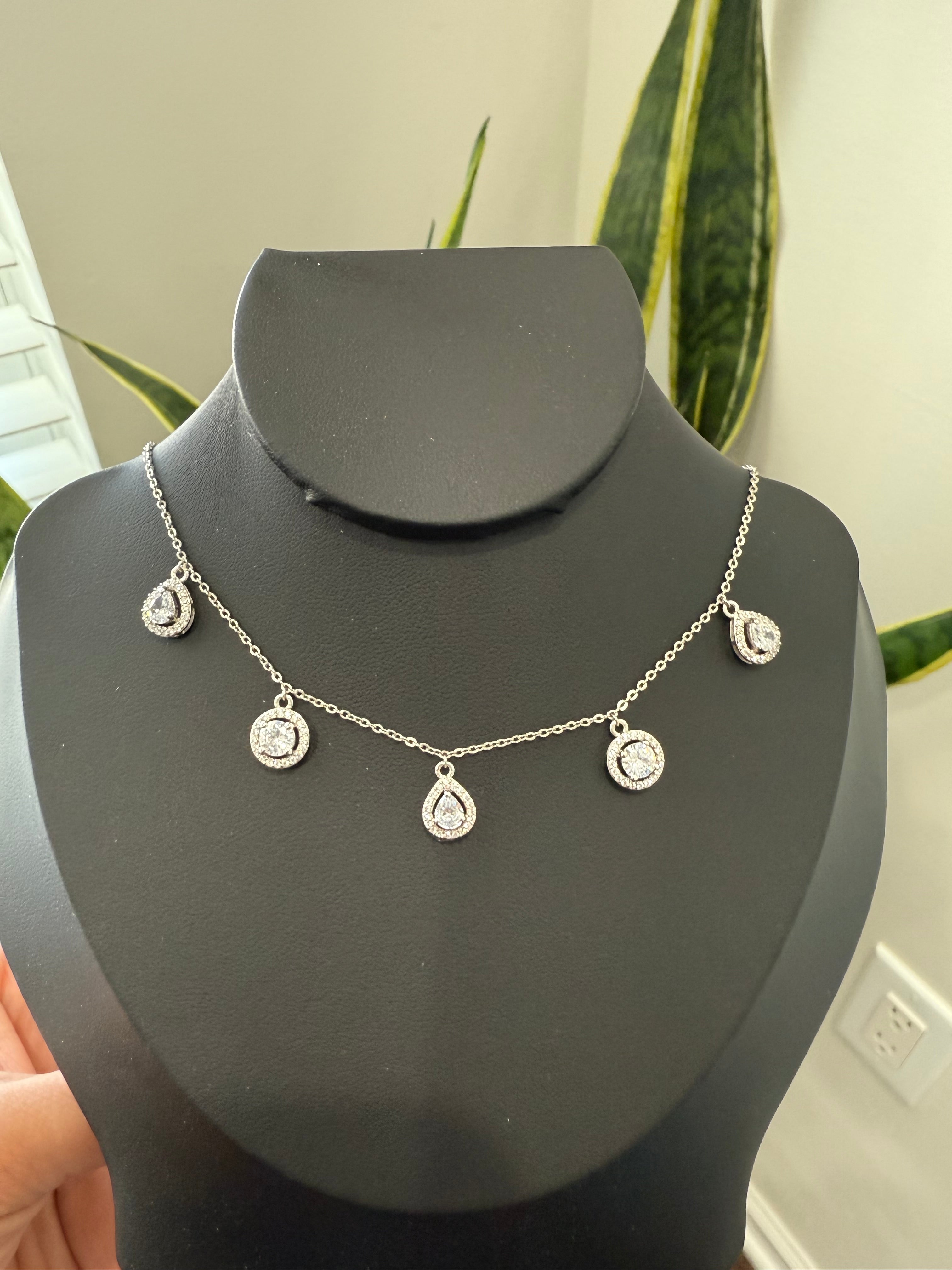 White Gold Finish Drop and Round Cut Solitaire Charms Necklace on pure 925 Silver