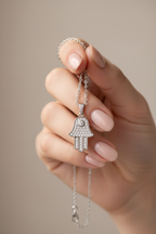 Diamond Studded Hamza Pendant with Chain on pure 925 Silver