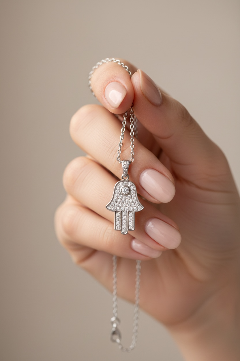 Diamond Studded Hamza Pendant with Chain on pure 925 Silver