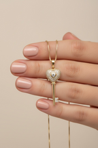 Gold Finish Big Diamond Studded Key to my Heart Pendant with Chain on pure 925 Silver