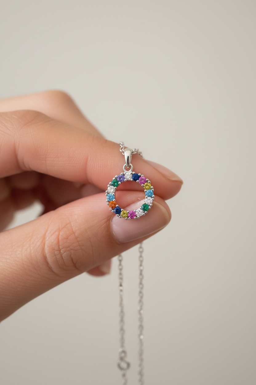 Studded Rainbow Pendant with chain on pure 925 Silver
