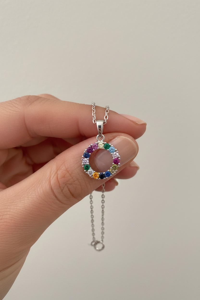 Studded Rainbow Pendant with chain on pure 925 Silver