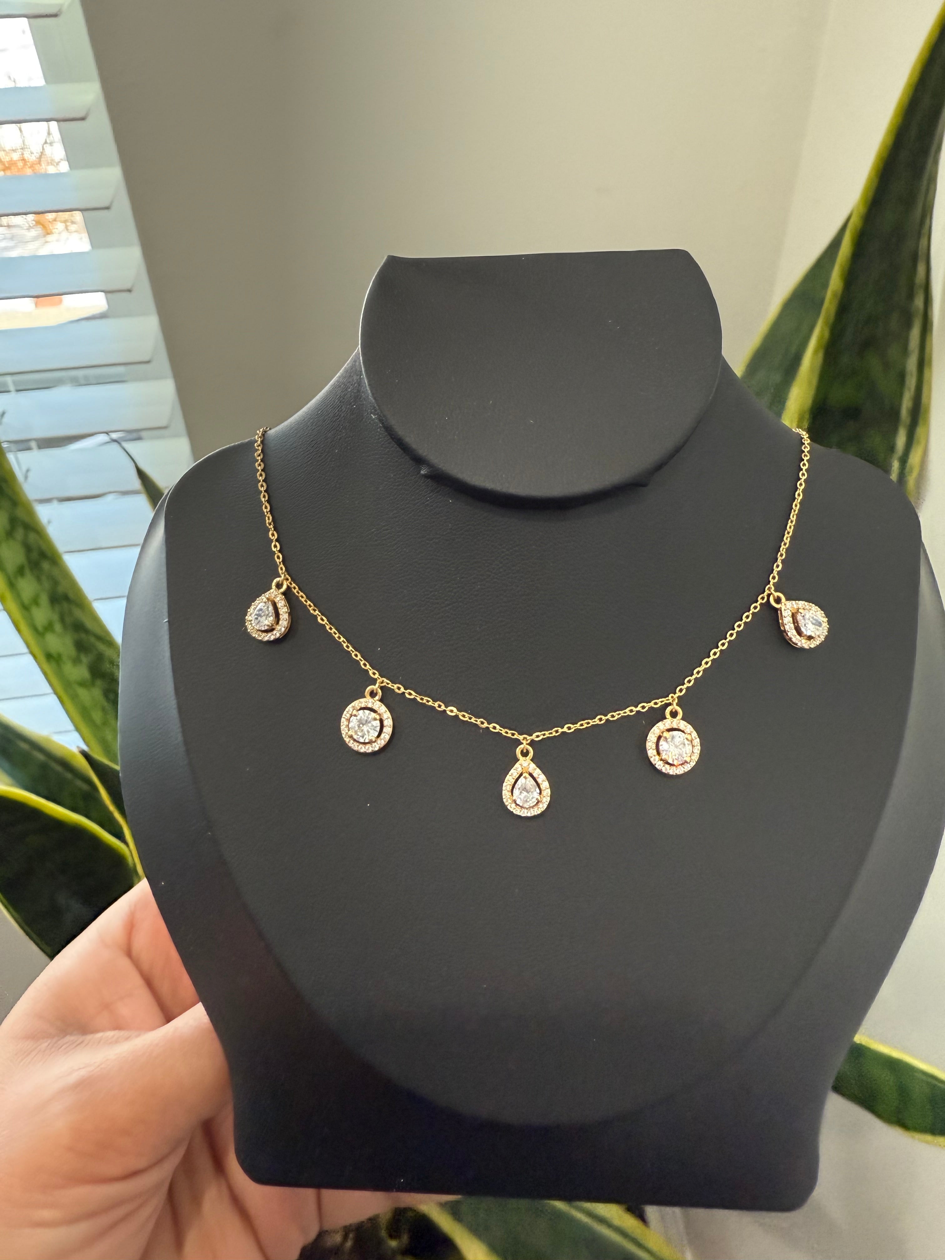 18K Gold Finish Drop and Round Cut Solitaire Charms Necklace on pure 925 Silver