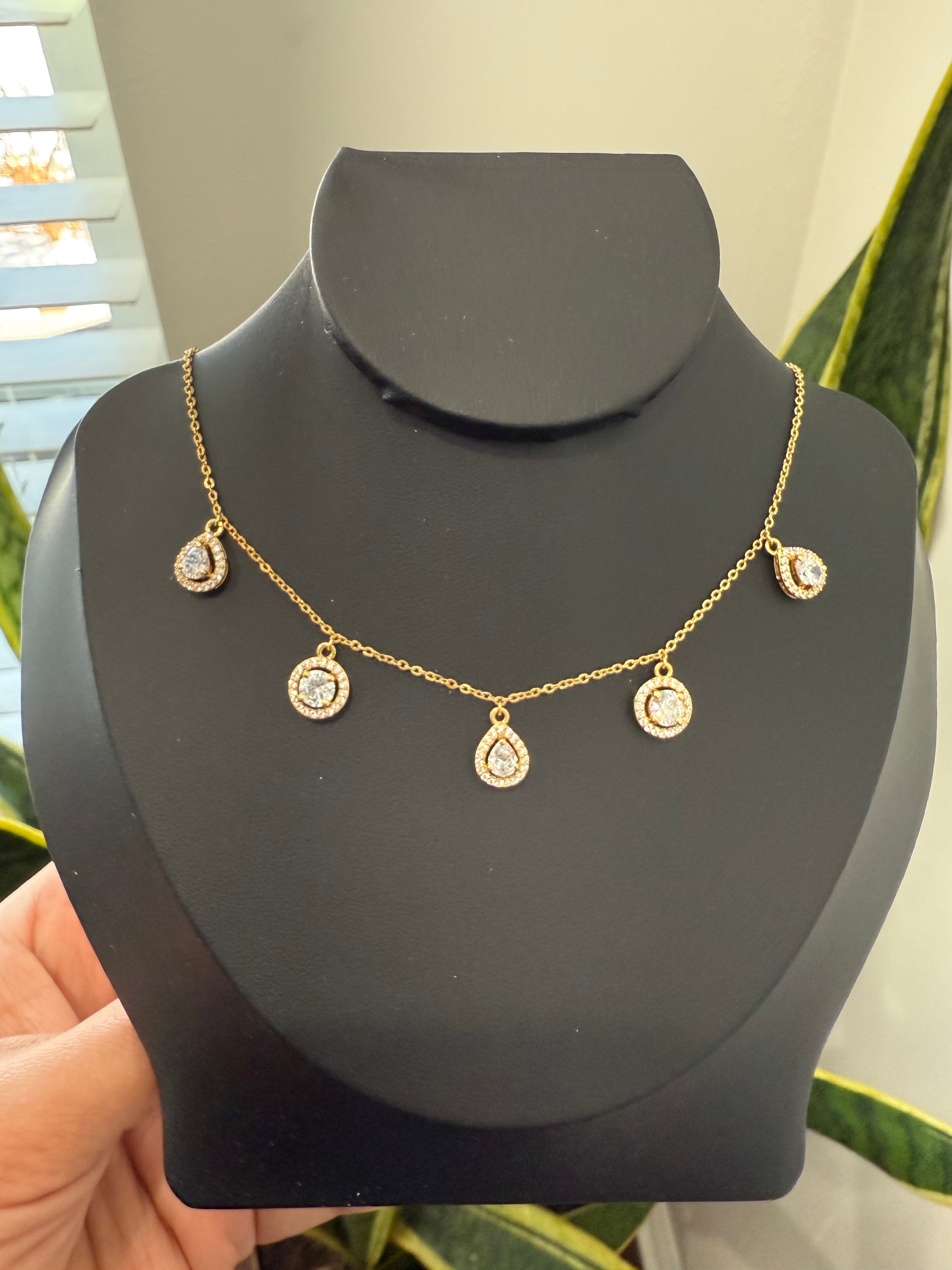 18K Gold Finish Drop and Round Cut Solitaire Charms Necklace on pure 925 Silver