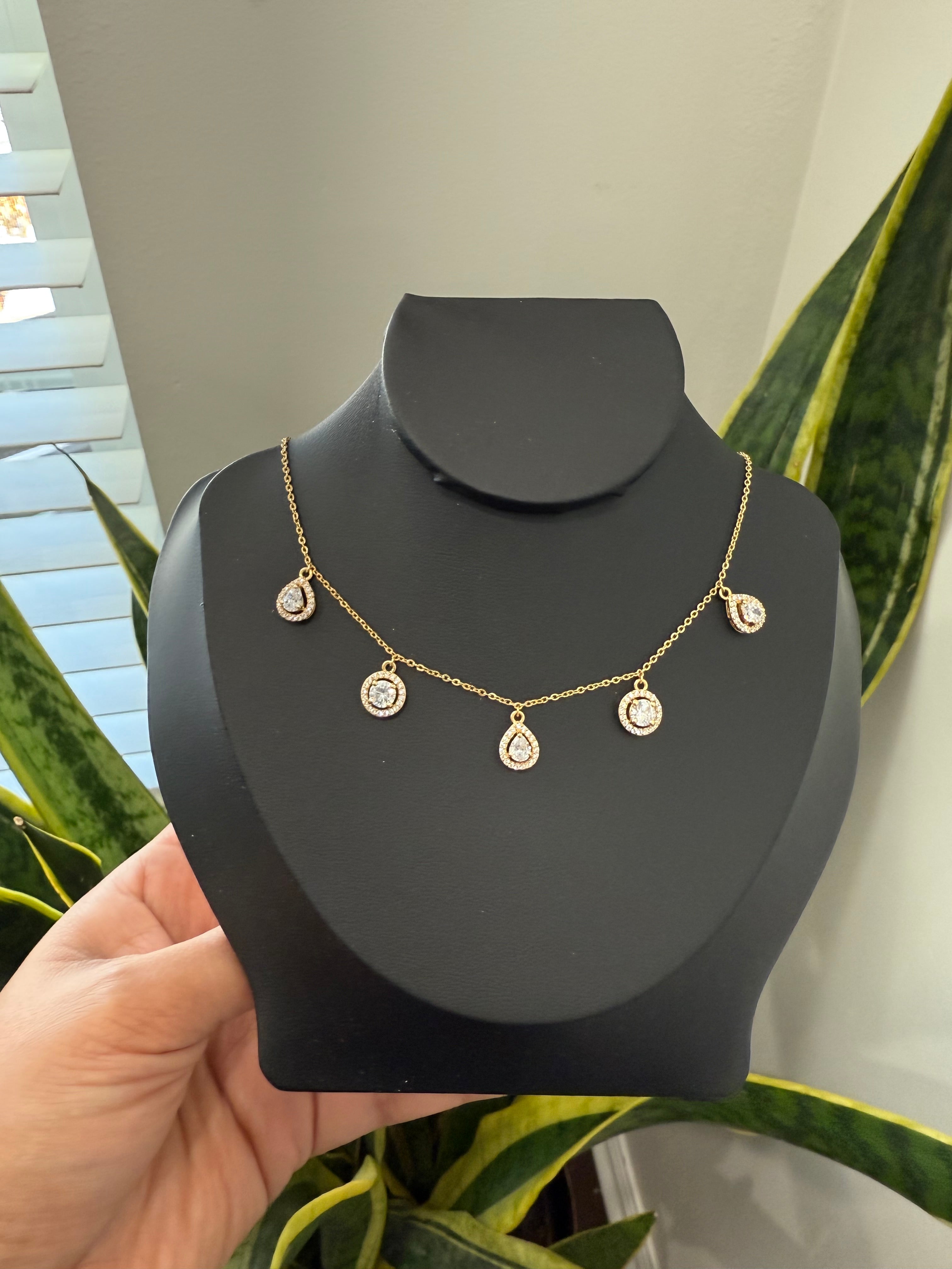 18K Gold Finish Drop and Round Cut Solitaire Charms Necklace on pure 925 Silver