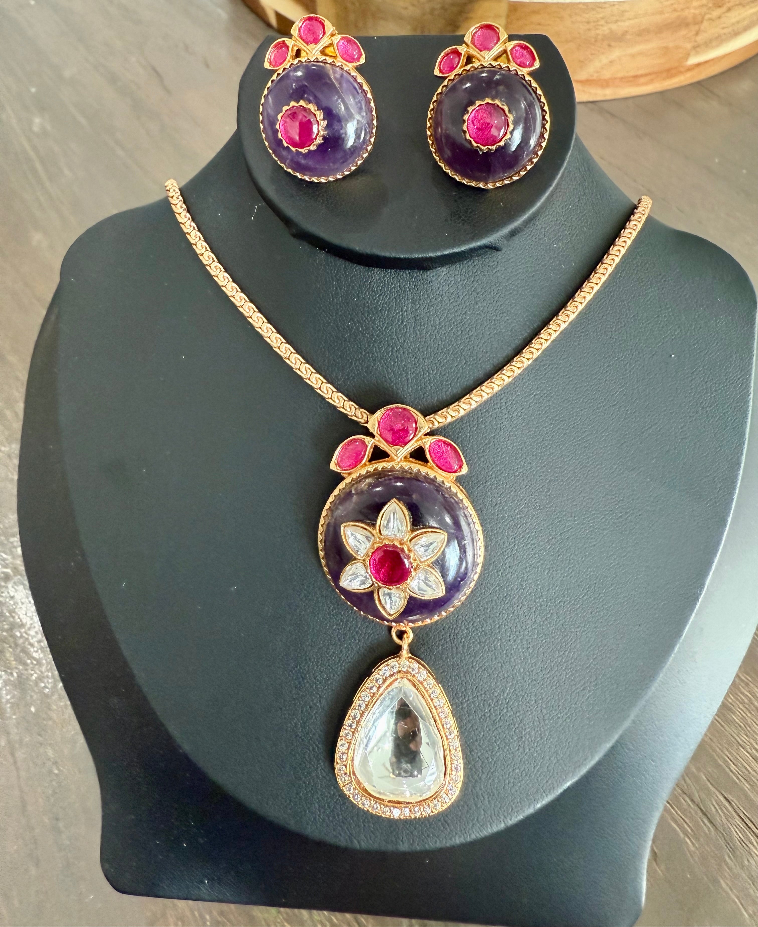 Handmade Polki Enamel Pendant set