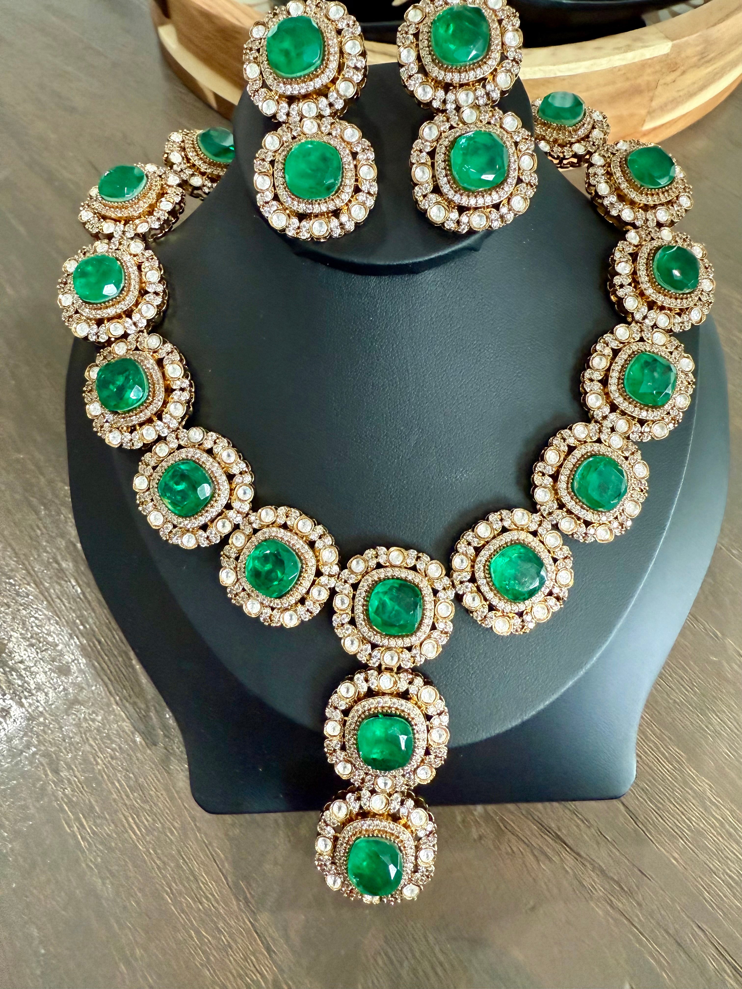 KAIRA Green Hydro Emerald Polki Necklace Set
