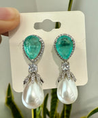 Teal Blue and Pearl Drop Long Earrings