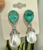 Teal Blue and Pearl Drop Long Earrings