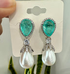 Teal Blue and Pearl Drop Long Earrings