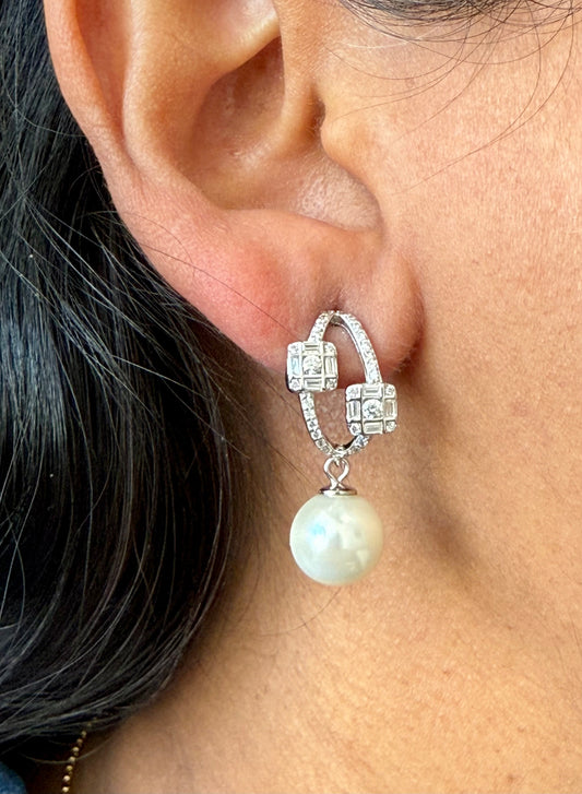 Fresh Water Pearl Diamond Danglers on Pure 925 Silver