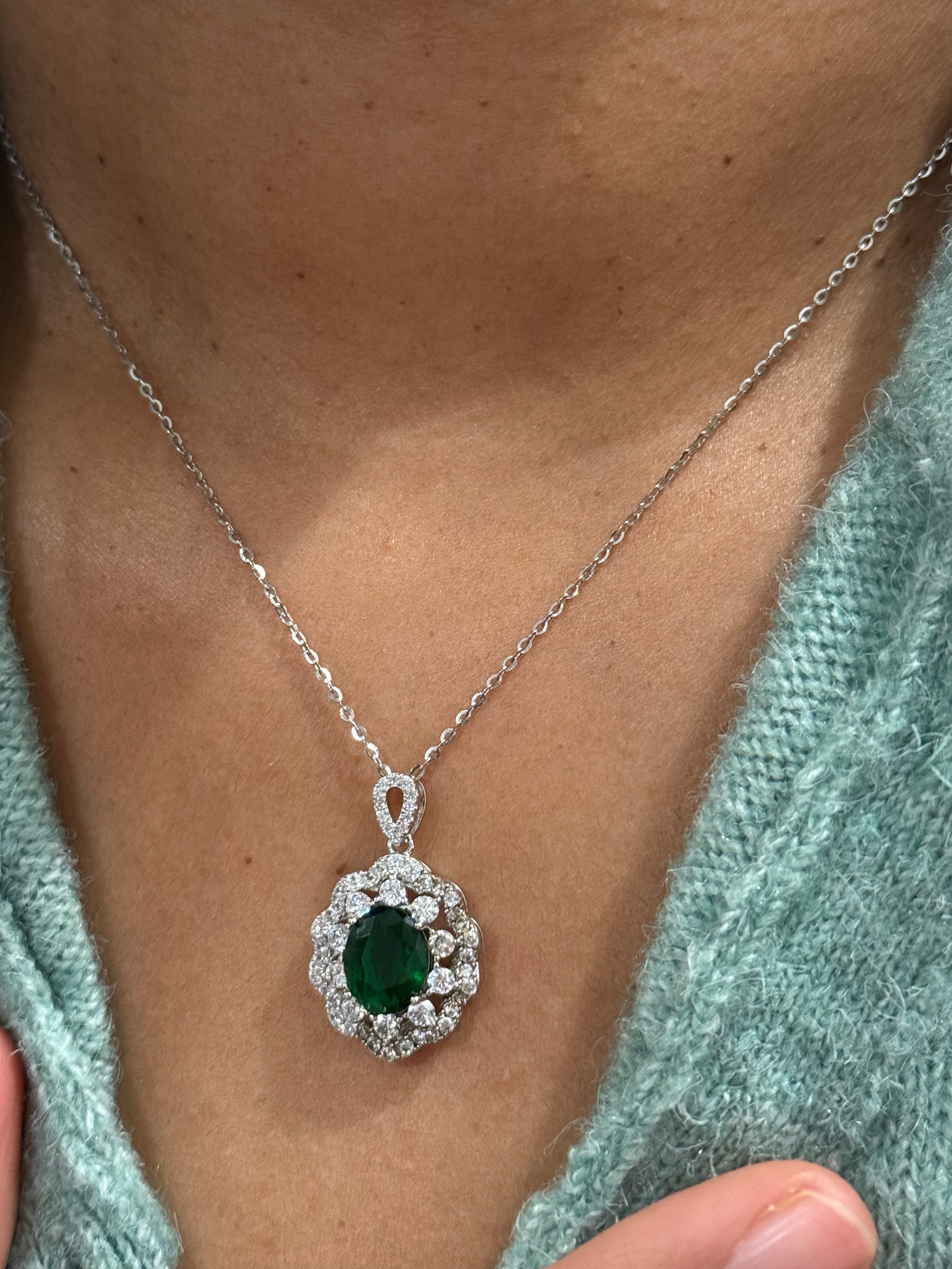 Premium Emerald and Diamond Cluster Flory Pendant with Chain on Pure 925 Silver