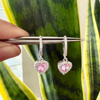 Pink Heart Solitaire Diamond Studded Hanging Earrings on Pure 925 Silver