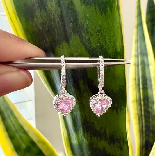 Pink Heart Solitaire Diamond Studded Hanging Earrings on Pure 925 Silver