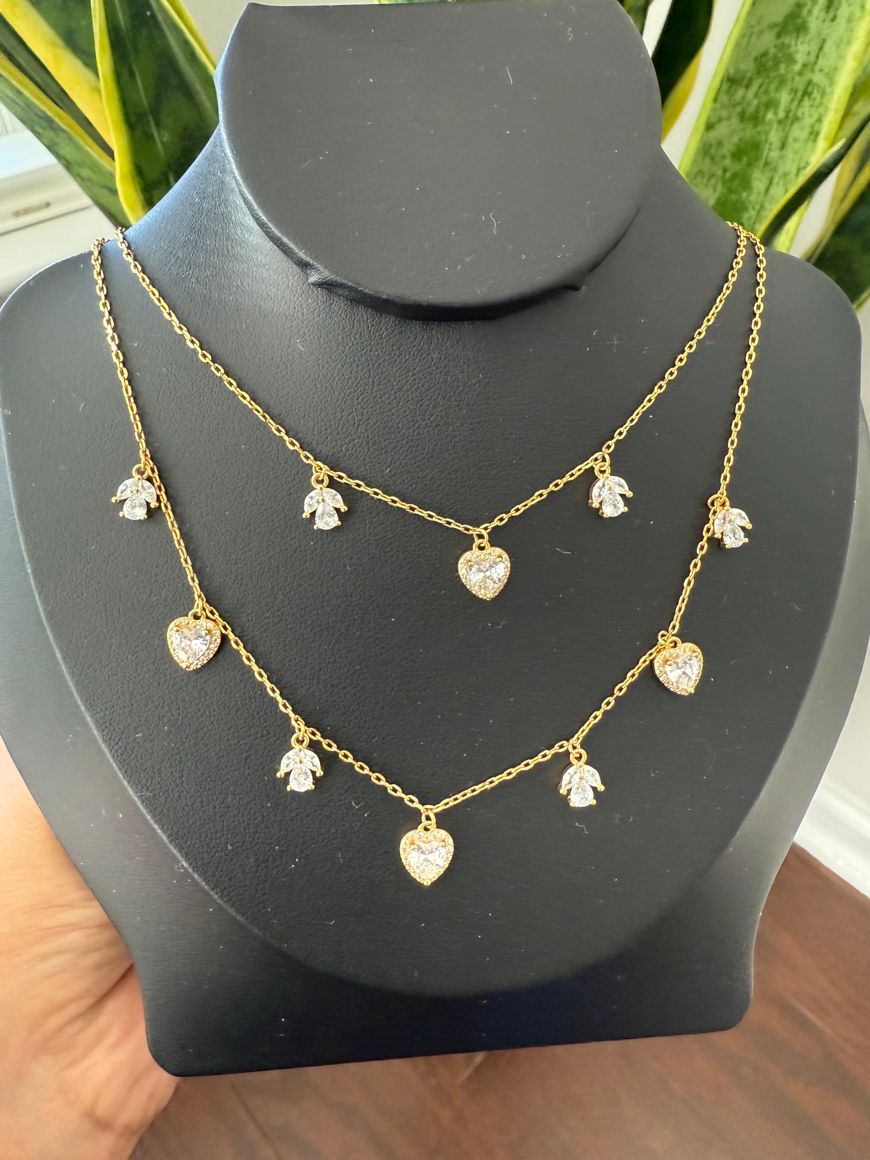 18K Gold Finish Heart and leaf motif Double layered Necklace on pure 925 Silver