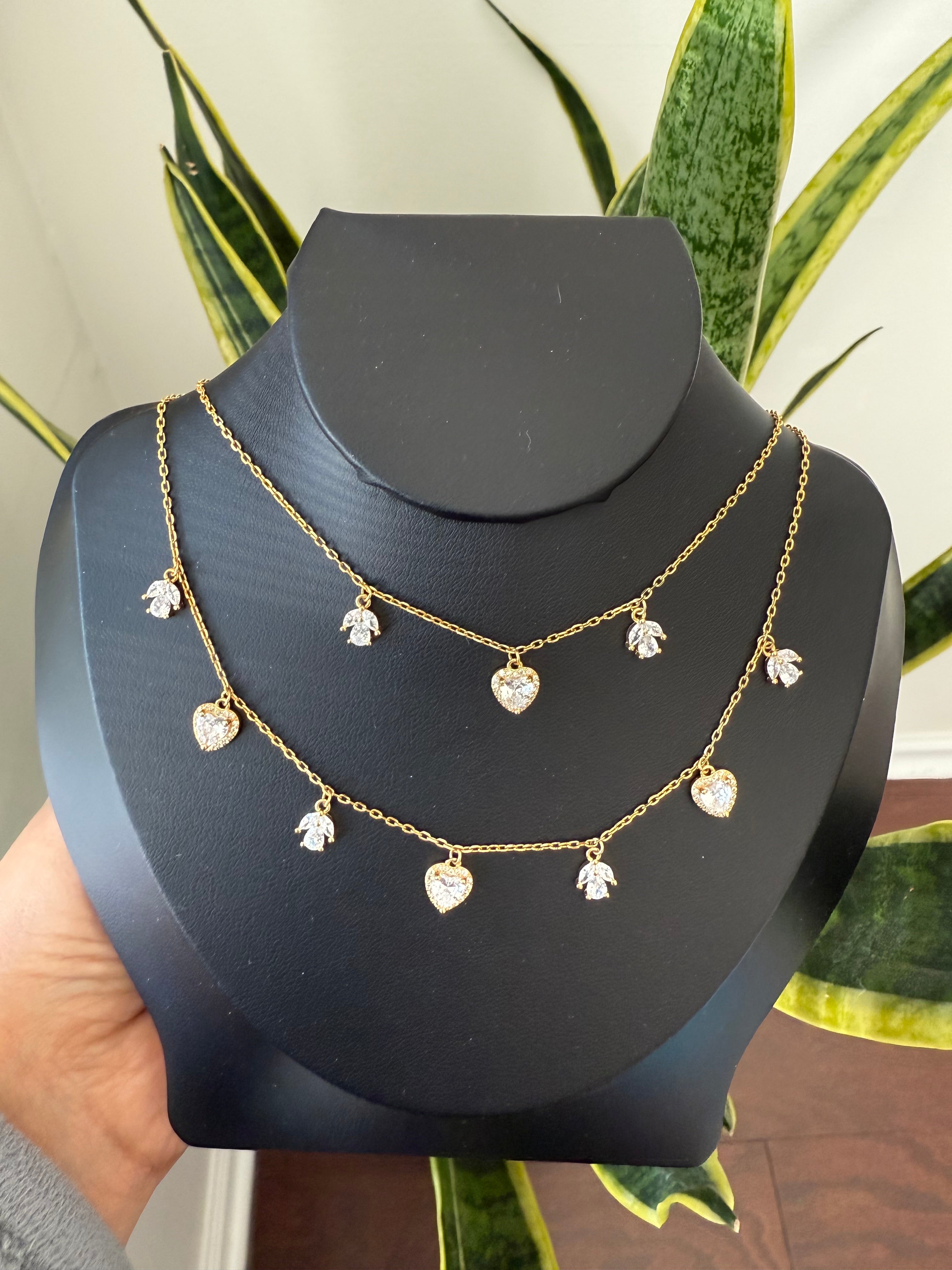 18K Gold Finish Heart and leaf motif Double layered Necklace on pure 925 Silver