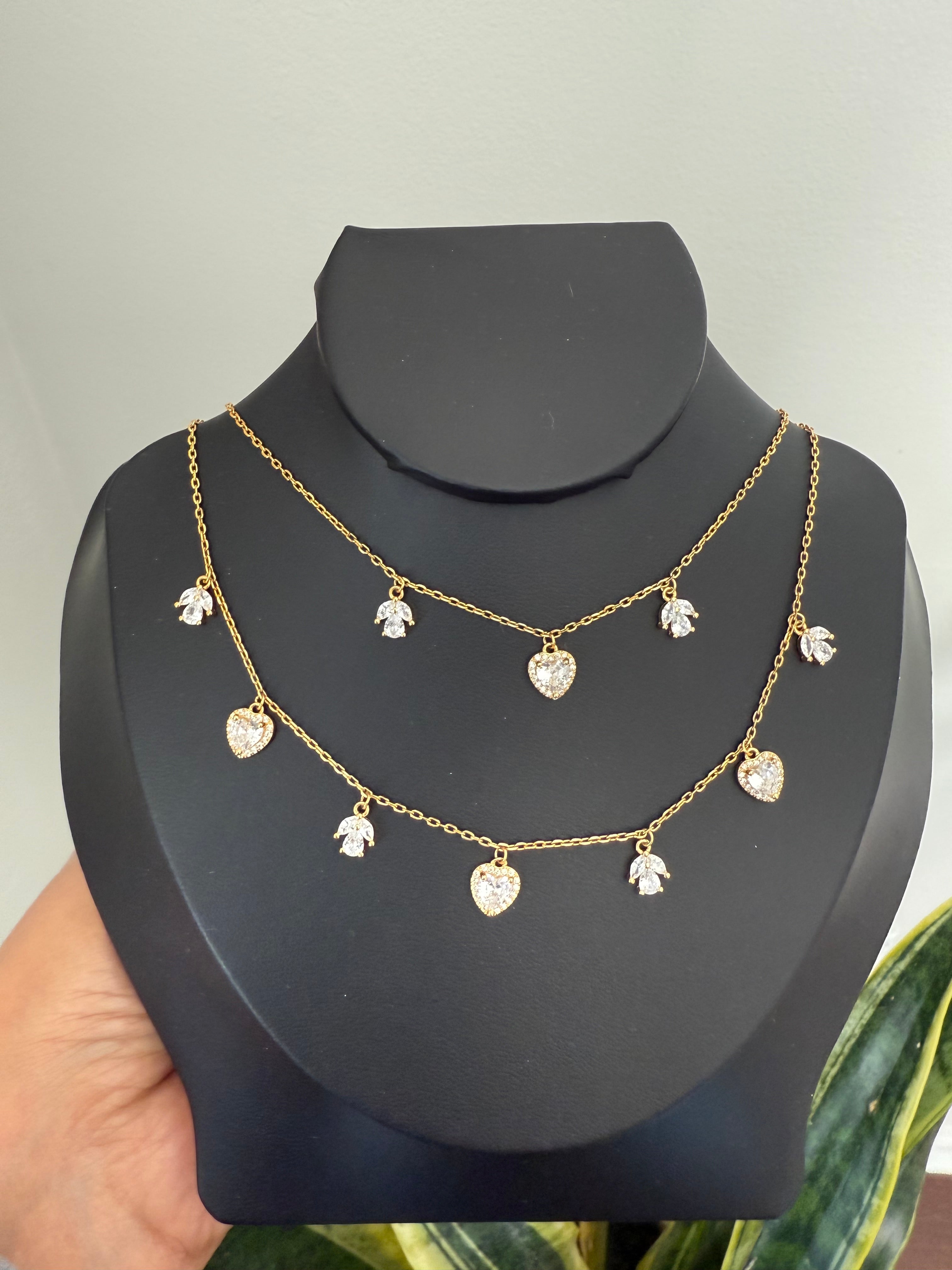 18K Gold Finish Heart and leaf motif Double layered Necklace on pure 925 Silver