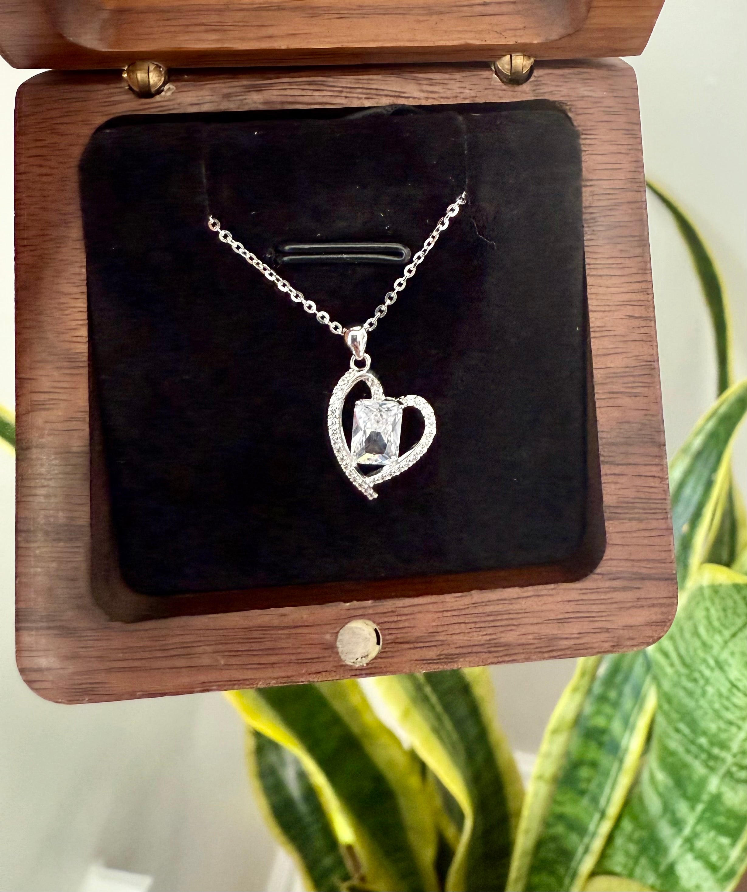 Pure 925 Silver Amora Heart Pendant with Emerald Cut Solitaire