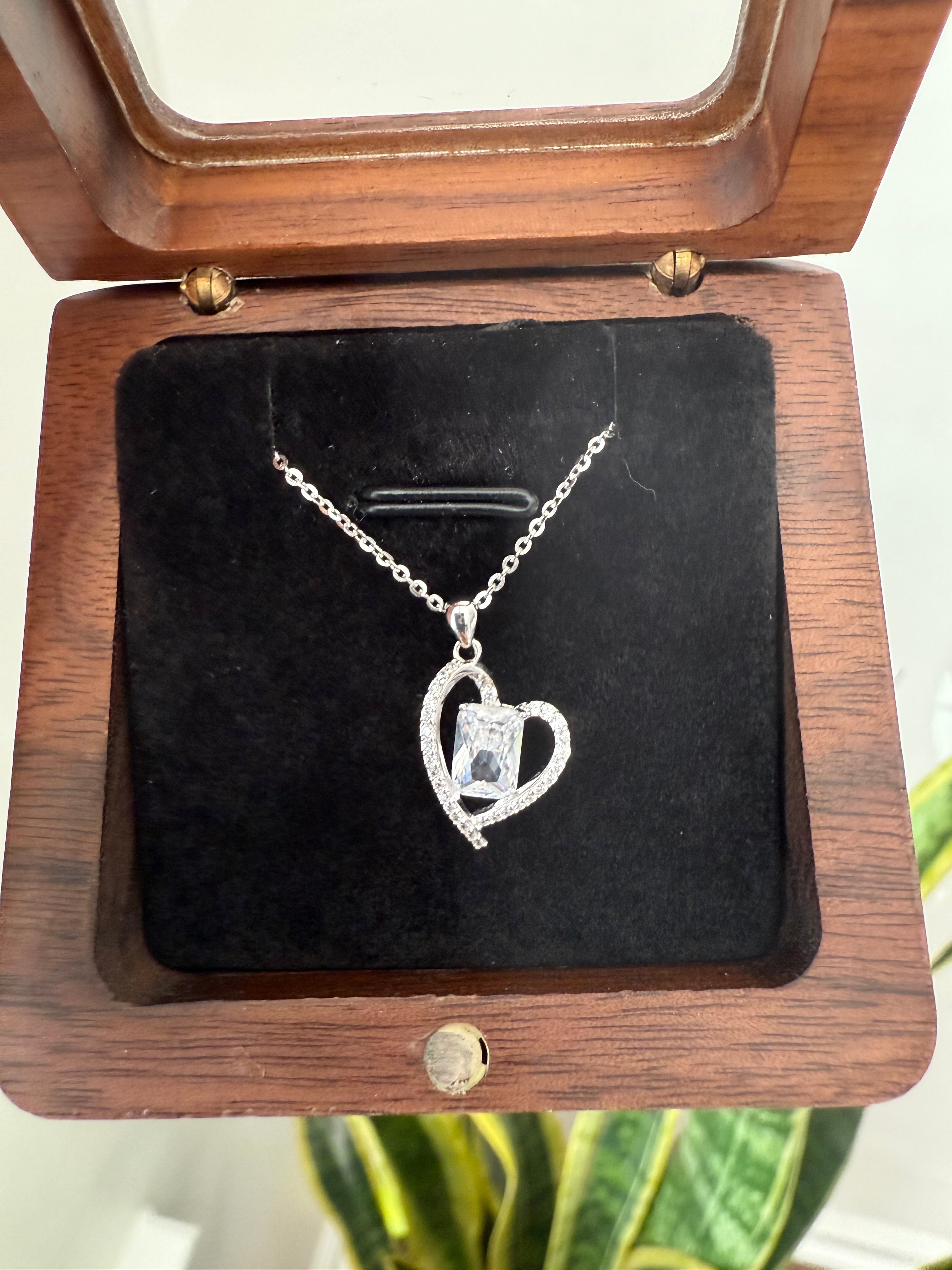 Pure 925 Silver Amora Heart Pendant with Emerald Cut Solitaire