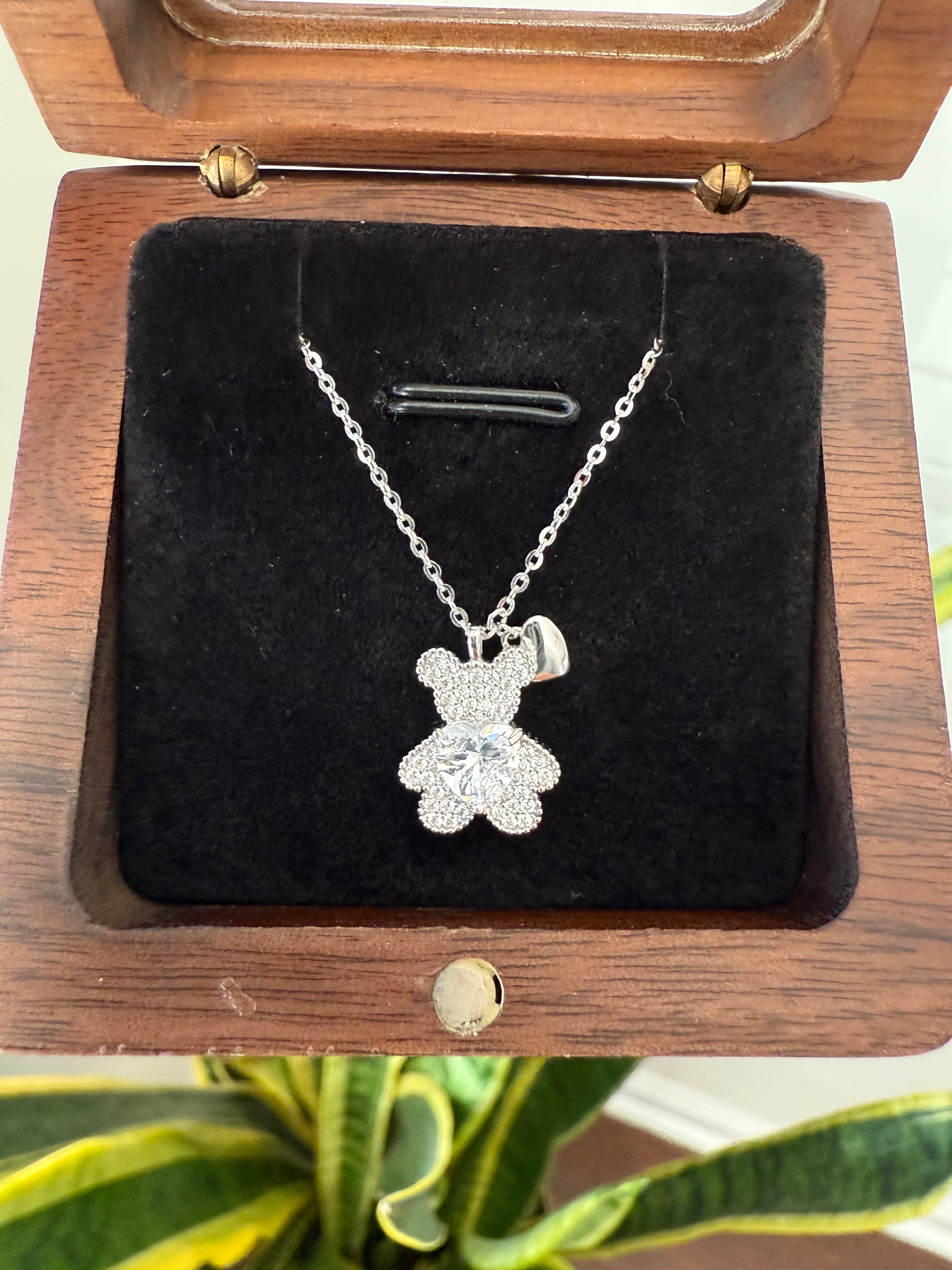 Teddy Bear with Heart Solitaire Pendant with Chain on Pure 925 Silver