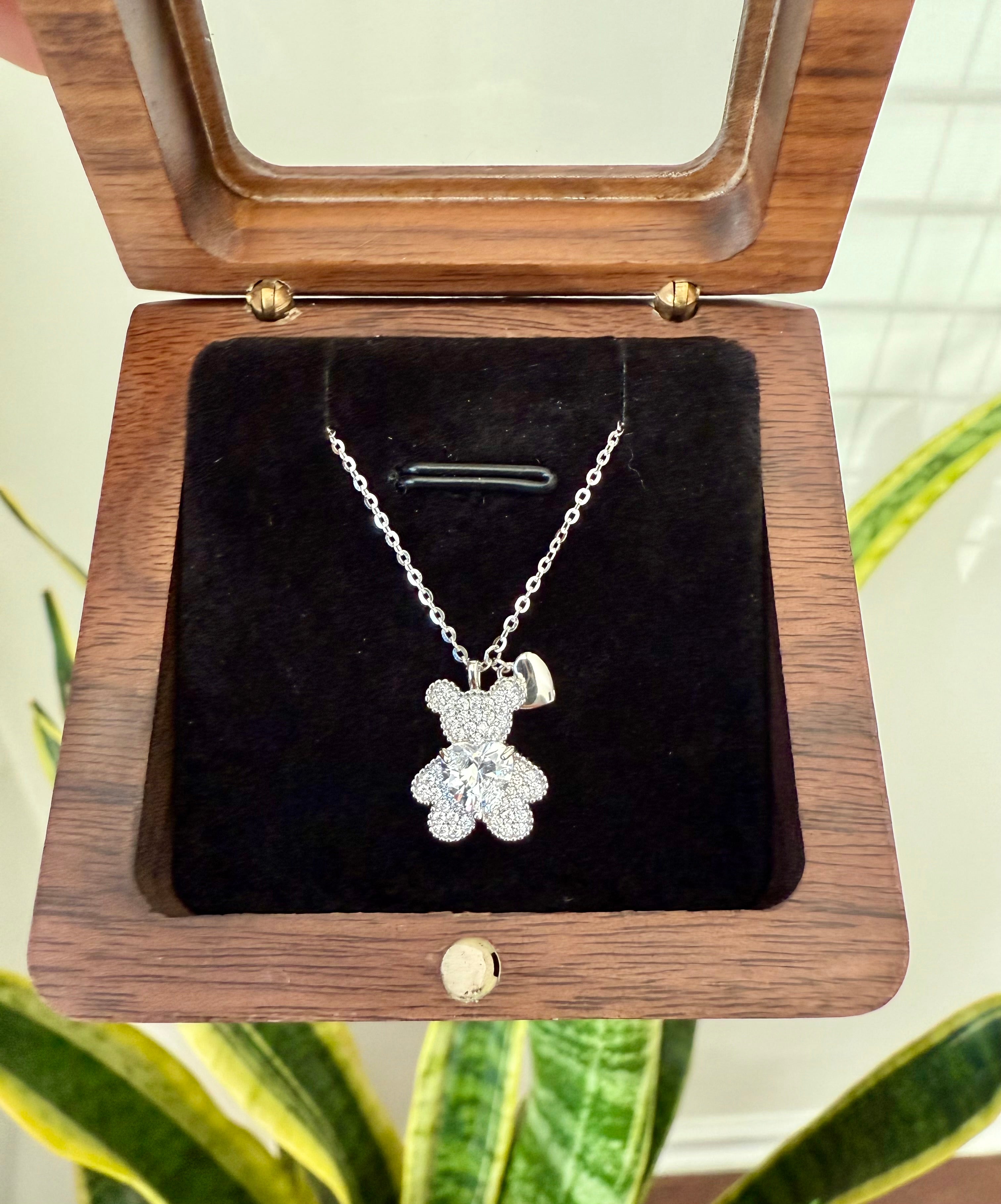 Teddy Bear with Heart Solitaire Pendant with Chain on Pure 925 Silver
